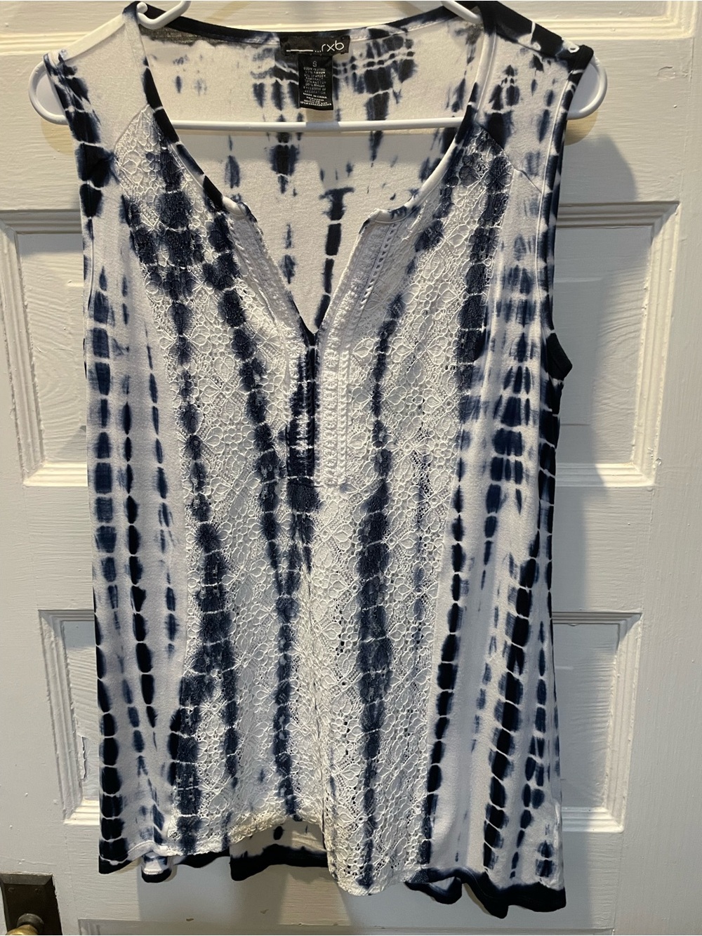 Navy & White Tie-Dye Lace-Front Top, Eyelet, size small